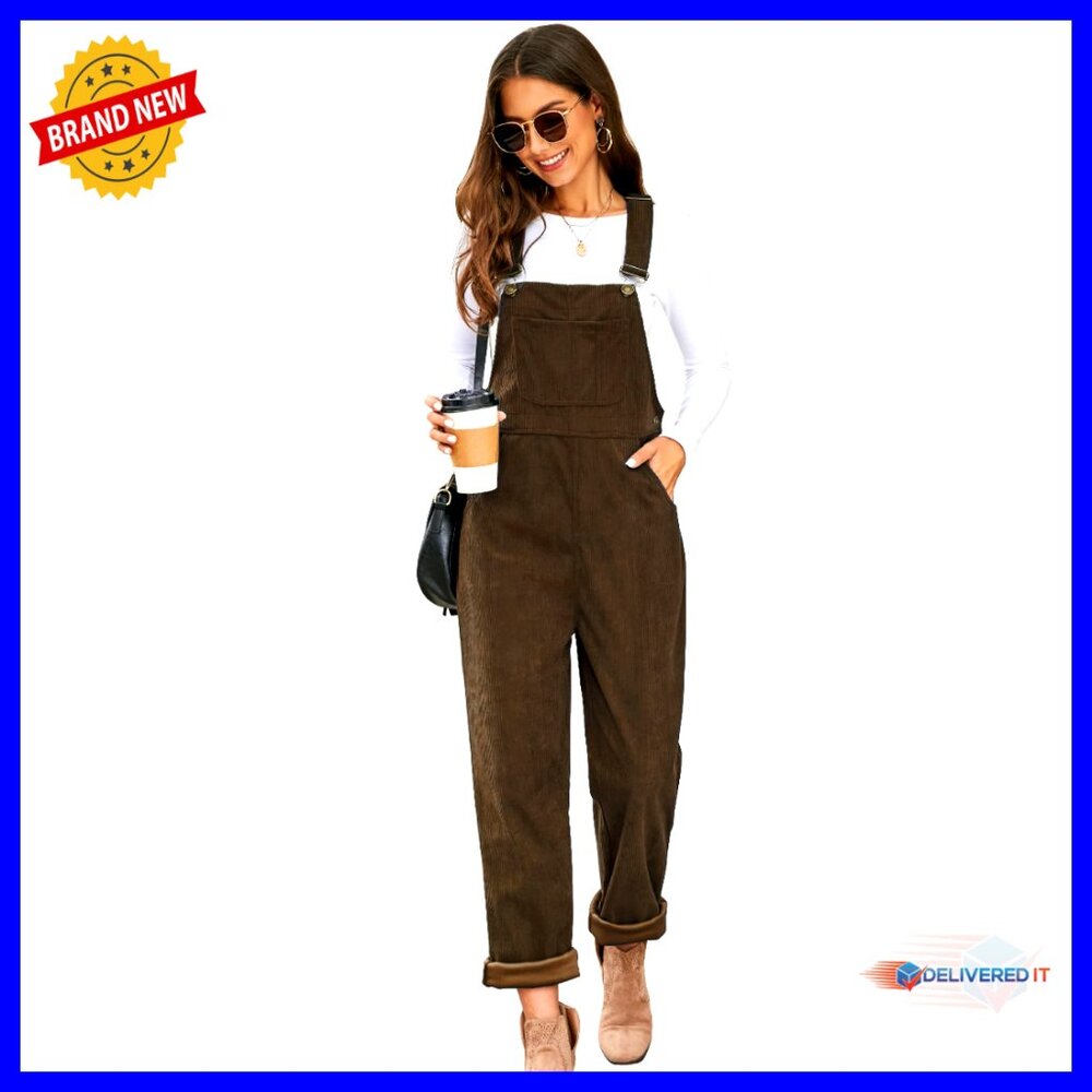 Corduroy Overalls Women Loose Fit Adjustable Straps Wide Leg Jumpsuit Pockets
